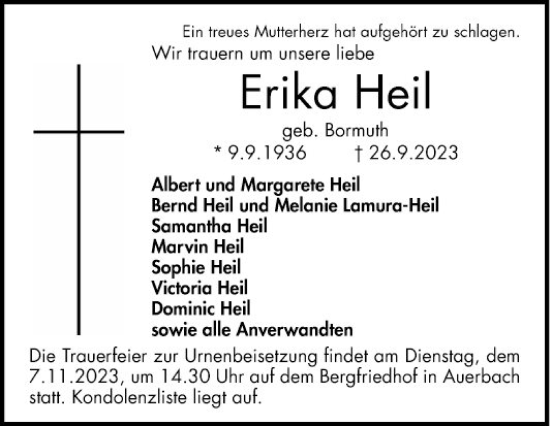 Traueranzeige von Erika Heil von Bergsträßer Anzeiger