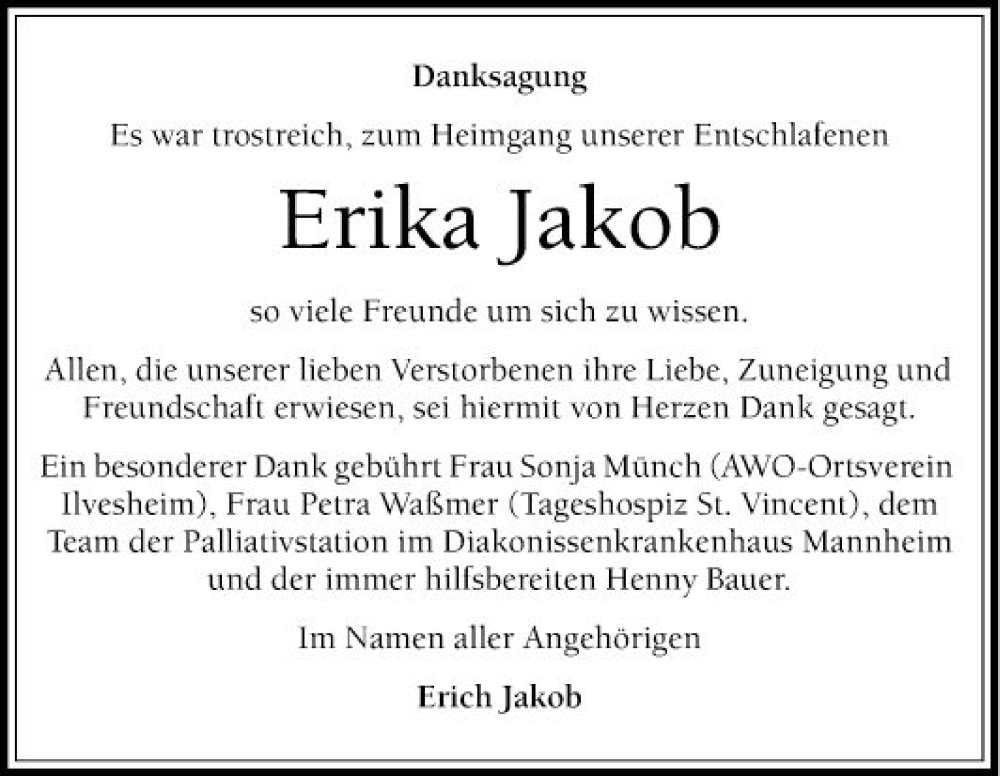  Traueranzeige für Erika Jakob vom 07.10.2023 aus Mannheimer Morgen
