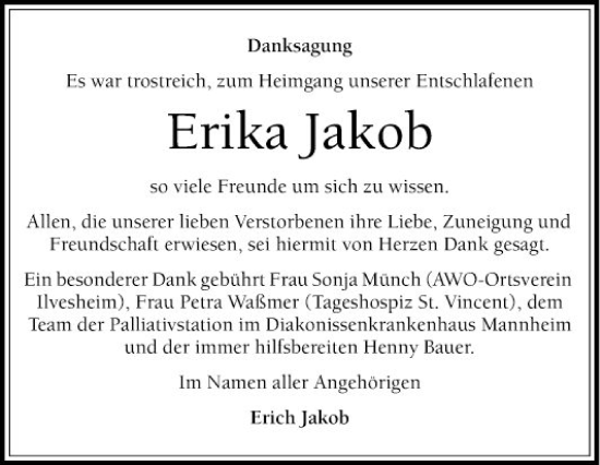 Traueranzeige von Erika Jakob von Mannheimer Morgen