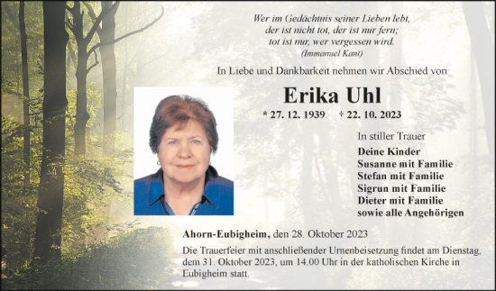 Traueranzeige von Erika Uhl von Fränkische Nachrichten