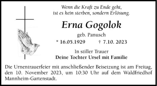 Traueranzeige von Erna Gogolok von Mannheimer Morgen