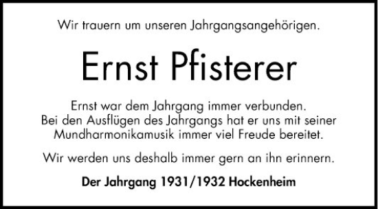 Traueranzeige von Ernst Pfisterer von Schwetzinger Zeitung