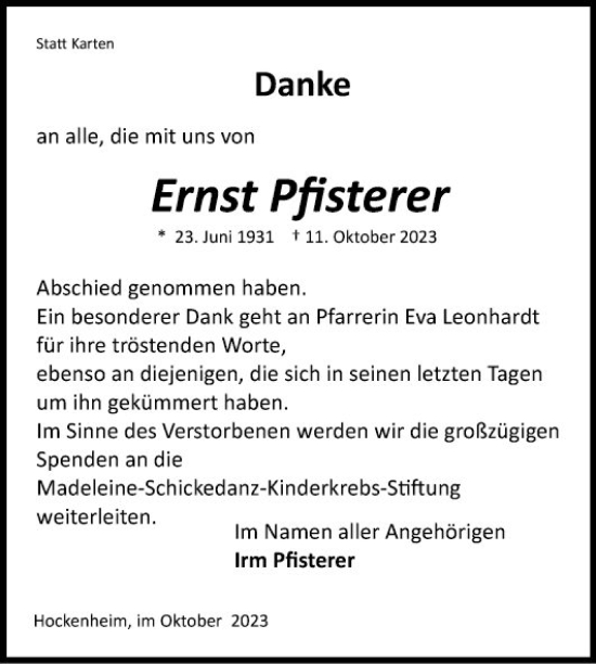 Traueranzeige von Ernst Pfisterer von Schwetzinger Zeitung