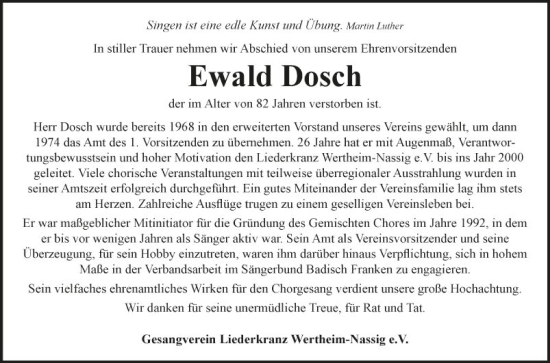 Traueranzeige von Ewald Dosch von Fränkische Nachrichten