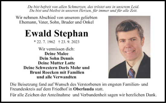 Traueranzeige von Ewald Stephan von Fränkische Nachrichten