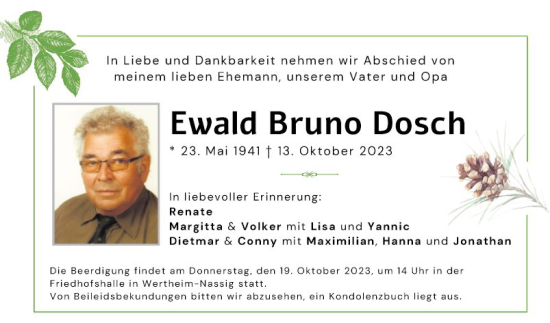 Traueranzeige von Ewald Bruno Dosch von Fränkische Nachrichten