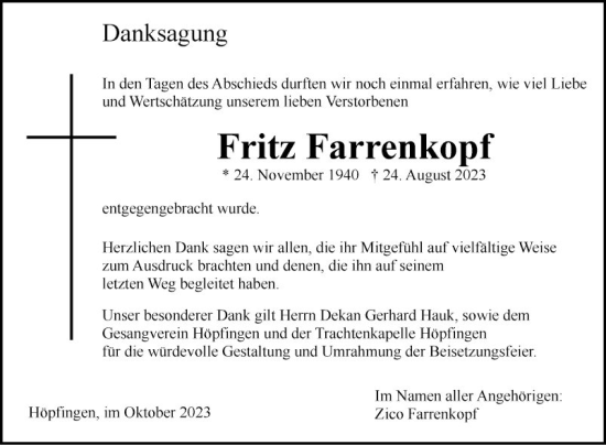 Traueranzeige von Fritz Farrenkopf von Fränkische Nachrichten