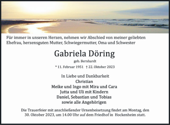 Traueranzeige von Gabriela Döring von Schwetzinger Zeitung