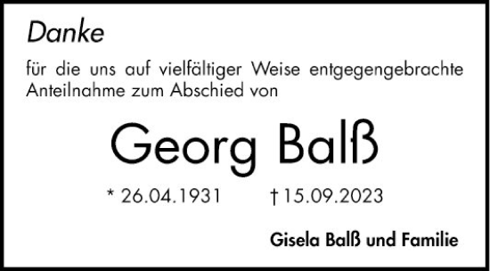 Traueranzeige von Georg Balß von Bergsträßer Anzeiger