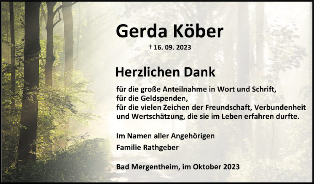  Traueranzeige für Gerda Köber vom 14.10.2023 aus Fränkische Nachrichten