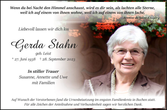 Traueranzeigen Von Gerda Stahn | Trauerportal Ihrer Tageszeitung