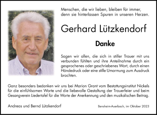 Traueranzeige von Gerhard Lützkendorf von Bergsträßer Anzeiger