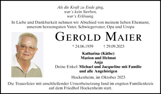 Traueranzeige von Gerold Maier von Schwetzinger Zeitung