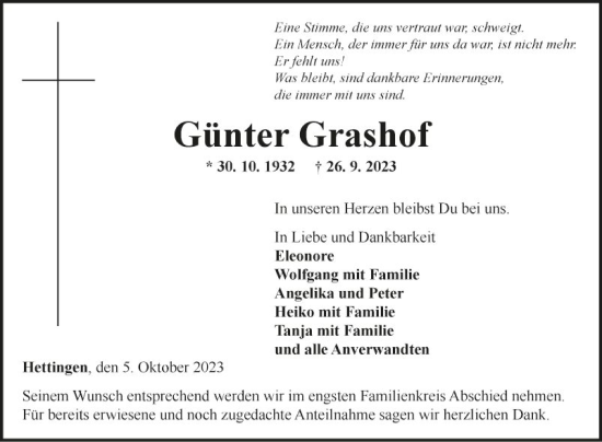 Traueranzeige von Günter Grashof von Fränkische Nachrichten