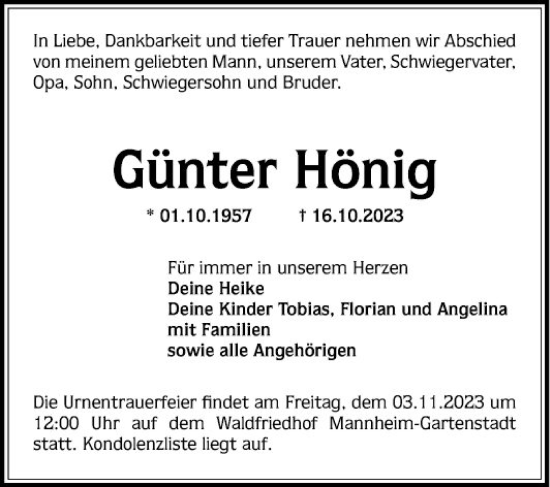 Traueranzeige von Günter Hönig von Mannheimer Morgen