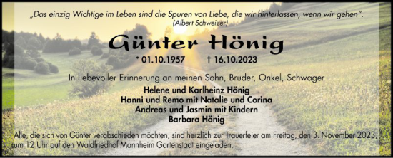 Traueranzeige von Günter Hönig von Mannheimer Morgen