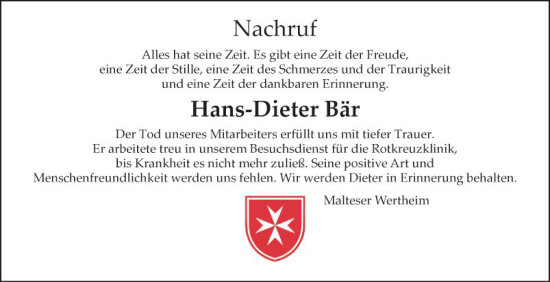 Traueranzeige von Hans-Dieter Bär von Fränkische Nachrichten