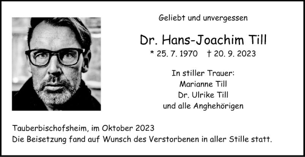  Traueranzeige für Hans-Joachim Till vom 18.10.2023 aus Fränkische Nachrichten