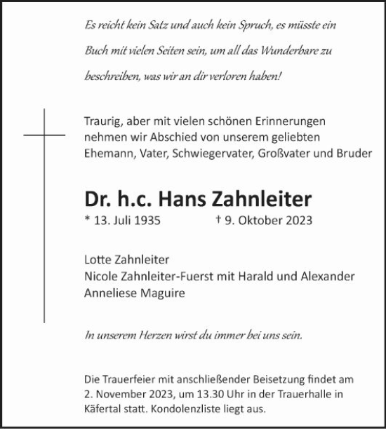 Traueranzeige von Hans Zahnleiter von Mannheimer Morgen