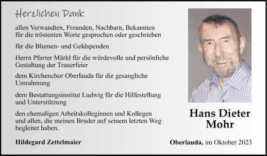 Traueranzeige von Hans Dieter Mohr von Fränkische Nachrichten