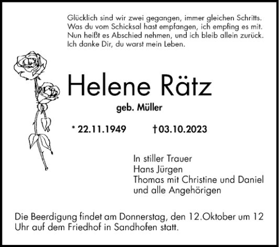 Traueranzeige von Helene Rätz von Mannheimer Morgen