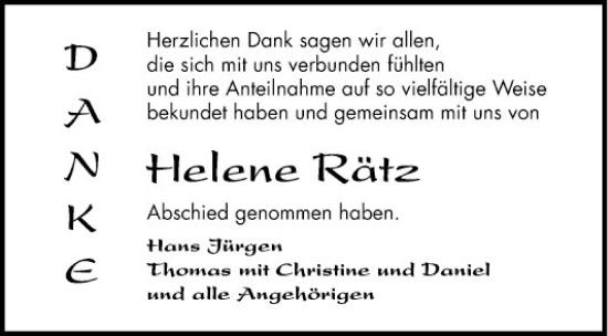 Traueranzeige von Helene Rätz von Mannheimer Morgen