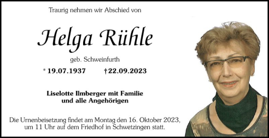 Traueranzeige von Helga Rühle von Schwetzinger Zeitung