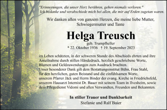 Traueranzeige von Helga Treusch von Mannheimer Morgen