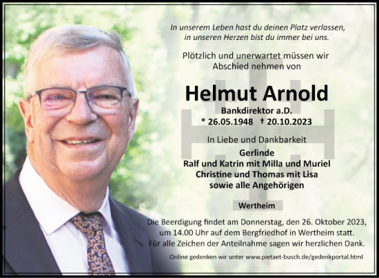 Traueranzeige von Helmut Arnold von Fränkische Nachrichten