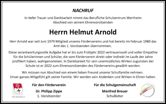 Traueranzeige von Helmut Arnold von Fränkische Nachrichten