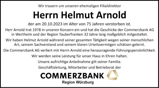 Traueranzeige von Helmut Arnold von Fränkische Nachrichten