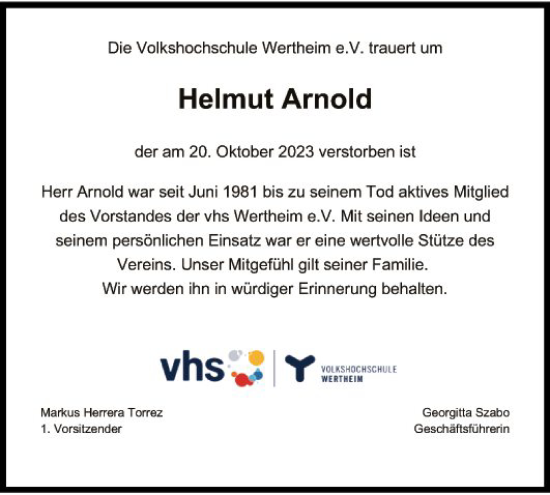 Traueranzeige von Helmut Arnold von Fränkische Nachrichten