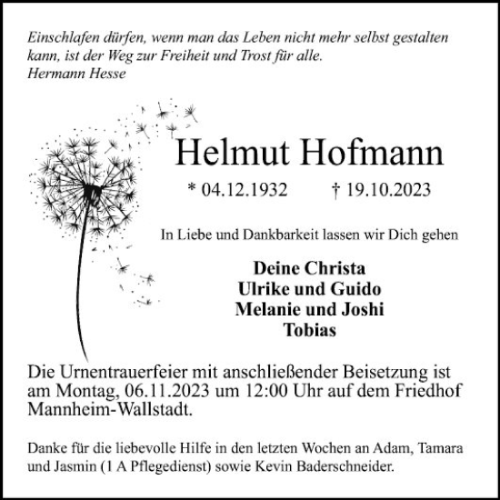 Traueranzeige von Helmut Hofmann von Mannheimer Morgen