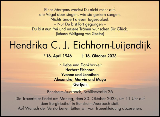 Traueranzeige von Hendrika C. J. Eichhorn-Luijendijk von Bergsträßer Anzeiger