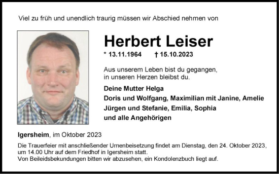 Traueranzeige von Herbert Leiser von Fränkische Nachrichten