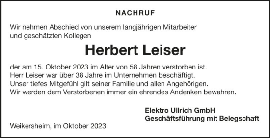 Traueranzeige von Herbert Leiser von Fränkische Nachrichten