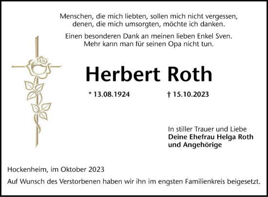 Traueranzeige von Herbert Roth von Schwetzinger Zeitung