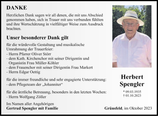 Traueranzeige von Herbert Spengler von Fränkische Nachrichten