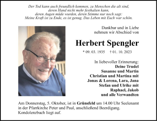 Traueranzeige von Herbert Spengler von Fränkische Nachrichten