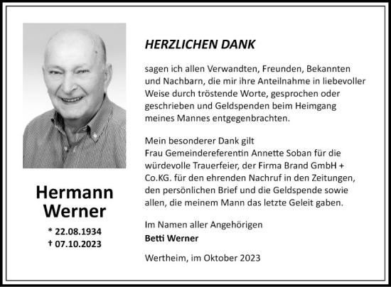 Traueranzeige von Hermann Werner von Fränkische Nachrichten