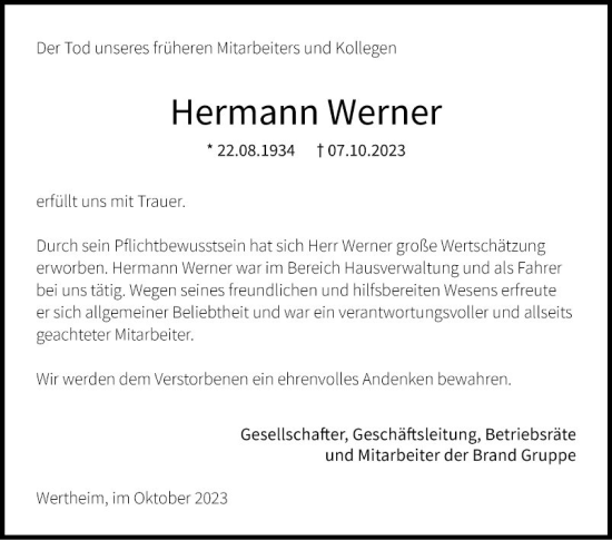 Traueranzeige von Hermann Werner von Fränkische Nachrichten