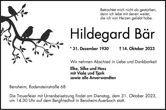 Traueranzeige von Hildegard Bär von Bergsträßer Anzeiger