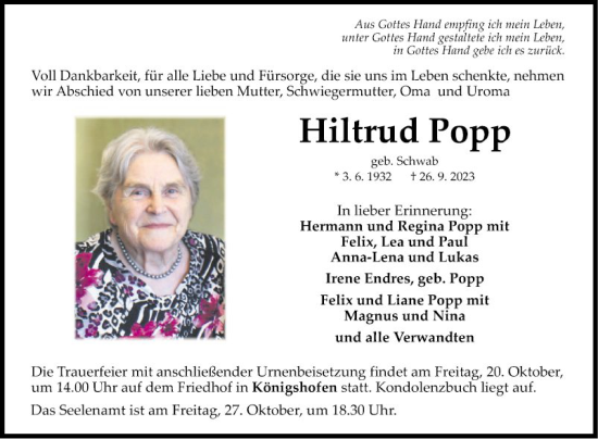 Traueranzeige von Hiltrud Popp von Fränkische Nachrichten