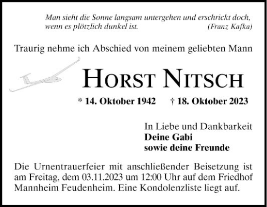 Traueranzeige von Horst Nitsch von Mannheimer Morgen