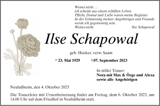 Traueranzeige von Ilse Schapowal von Schwetzinger Zeitung