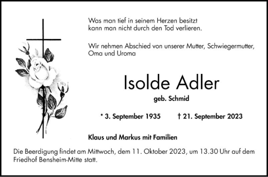 Traueranzeige von Isolde Adler von Bergsträßer Anzeiger