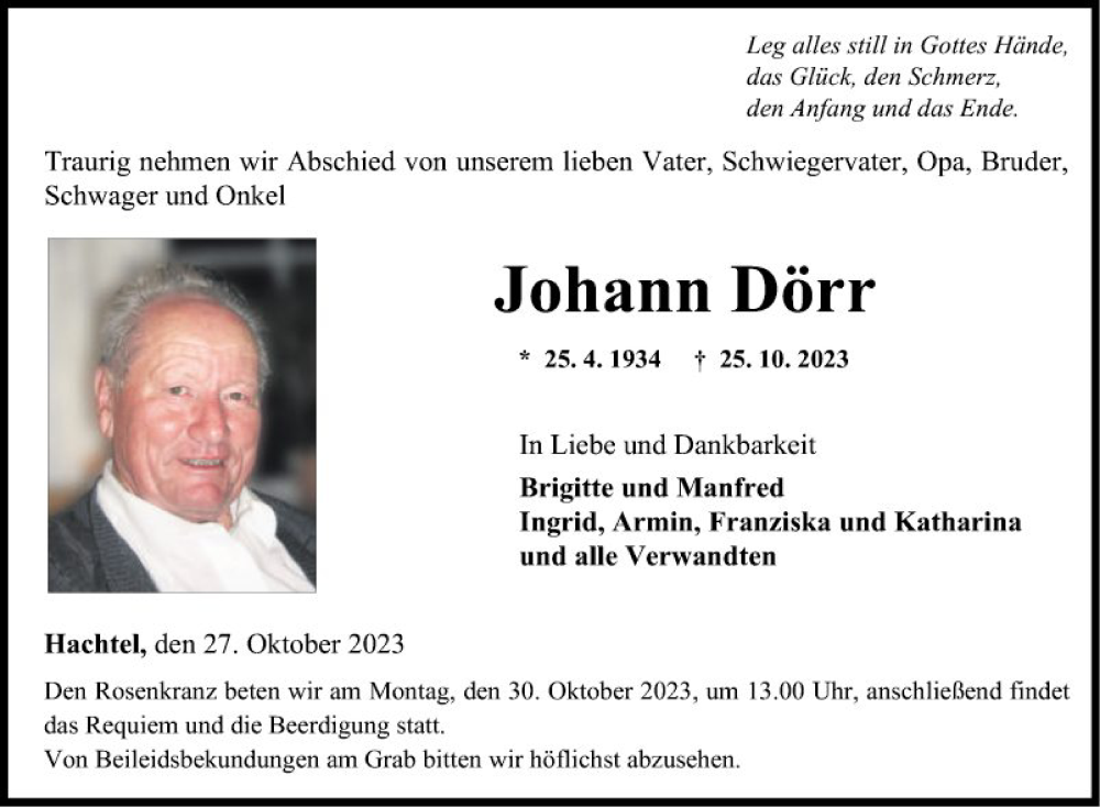  Traueranzeige für Johann Dörr vom 27.10.2023 aus Fränkische Nachrichten