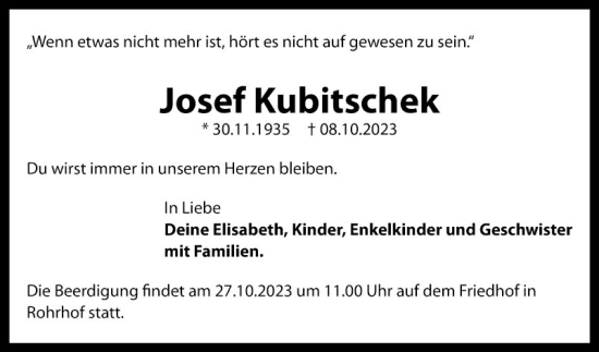 Traueranzeige von Josef Kubitschek von Schwetzinger Zeitung