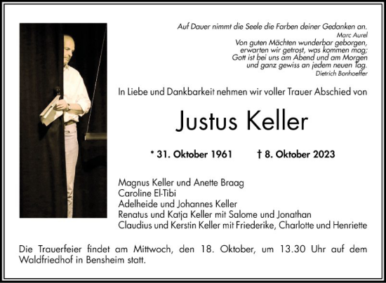 Traueranzeige von Justus Keller von Bergsträßer Anzeiger