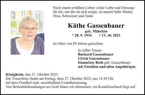 Traueranzeige von Käthe Gassenbauer von Fränkische Nachrichten